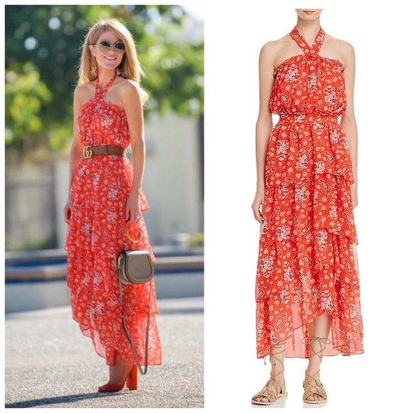 NEW MISA Los Angeles Halter Neck Ruffle Tiered Floral Maxi Dress Red Boho Summer - Picture 13 of 16